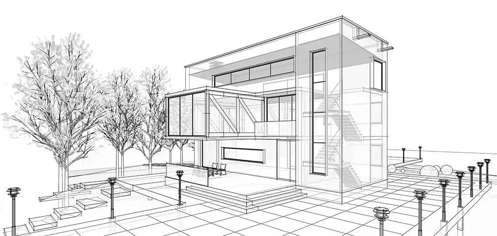 Skizze und Gittermodell eines Gebäudes als Vorlage für eine 3D Architekturvisualisierung